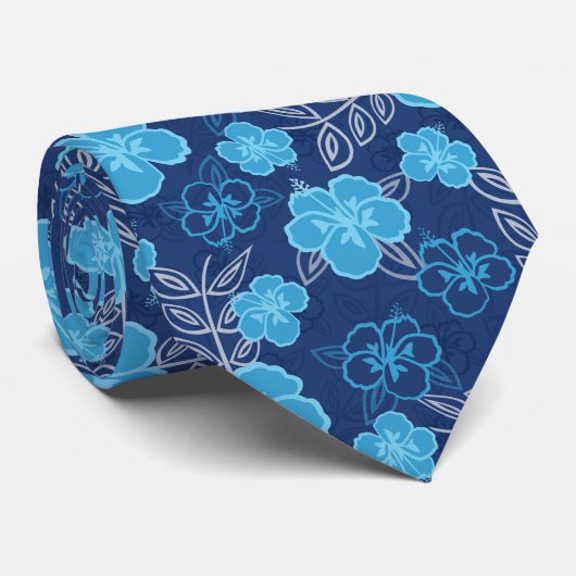 Blue Hawaiian Hibiscus Pattern Stropdas (Opgerold)