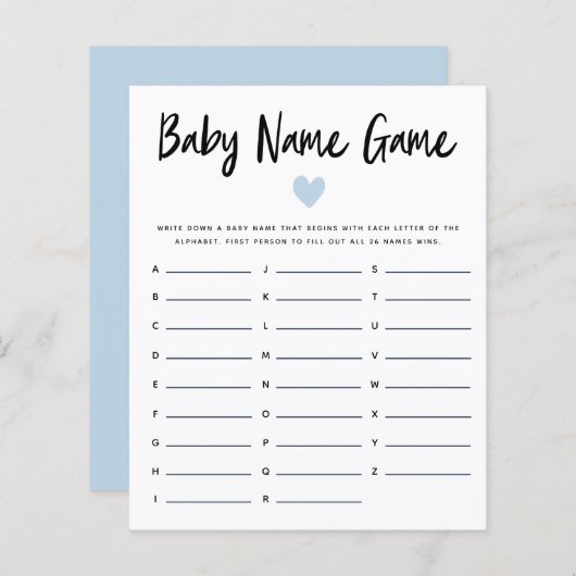 Blue Heart Baby Name Shower Game (Voorkant / Achterkant)