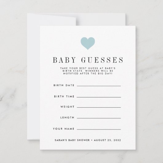 Blue Heart Baby shower Guessing Game Kaart (Voorkant)