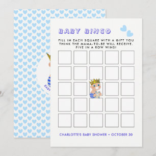 Blue Heart Prince Baby Boy Shower Party Bingo spel Kaart
