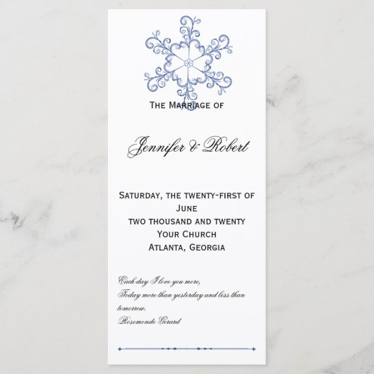 Blue Heart Snowflake Programme de mariage (Devant)