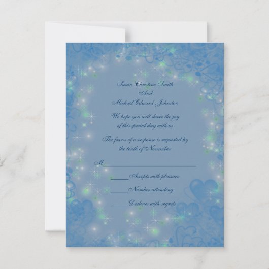 Blue Hearts Sparkly Lights Wedding RSVP Kaartje (Voorkant)