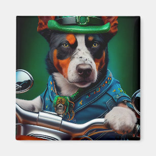 Blue Heeler Dog Driving Bike St. Patrick's Day Magneet