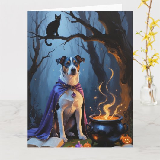 Blue Heeler Dog Whimsical Halloween Schilderij Kaart (Gele Bloem)