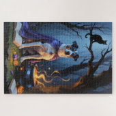 Blue Heeler Dog Whimsical Halloween Schilderij Legpuzzel (Horizontaal)