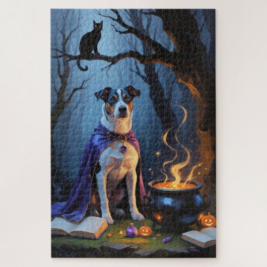Blue Heeler Dog Whimsical Halloween Schilderij Legpuzzel (Verticaal)