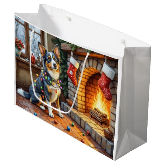 Blue Heeler Fireplace with Christmas Lights Groot Cadeauzakje (Voorkant Gekanteld)