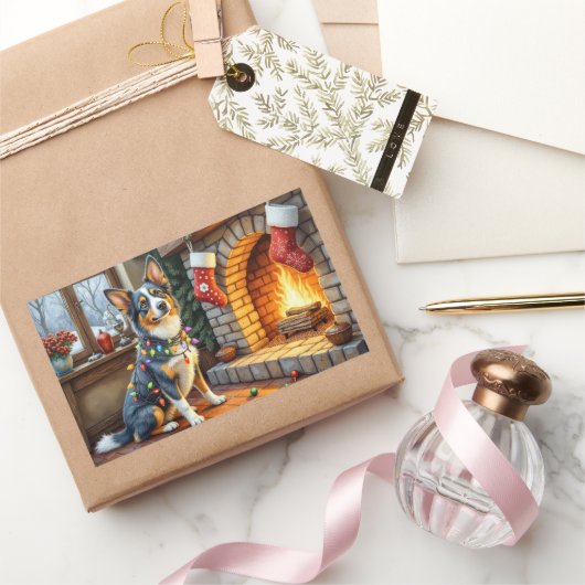 Blue Heeler Fireplace with Christmas Lights Rechthoekige Sticker (Geschenken)