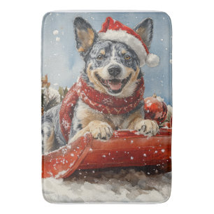 Blue Heeler Hond in Sledge Laat het Sneeuw Kerstmi Badmat
