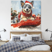 Blue Heeler Hond in Sledge Laat het Sneeuw Kerstmi Canvas Afdruk (Insitu (Slaapkamer))
