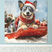 Blue Heeler Hond in Sledge Laat het Sneeuw Kerstmi Canvas Afdruk (Insitu (Houten vloer))