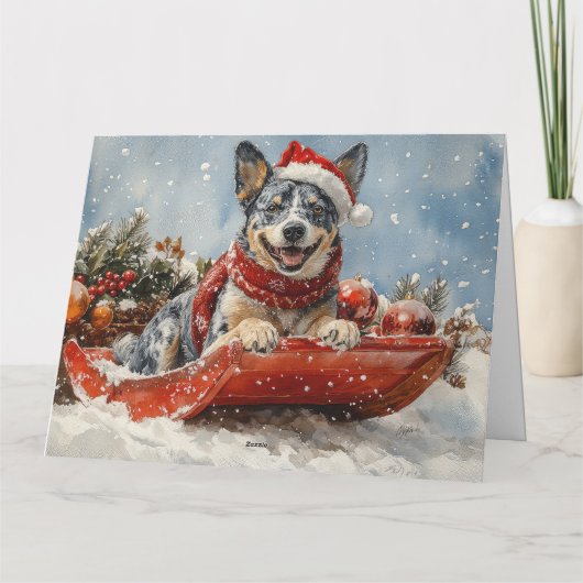 Blue Heeler Hond in Sledge Laat het Sneeuw Kerstmi Kaart (Achterkant)