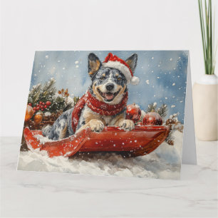 Blue Heeler Hond in Sledge Laat het Sneeuw Kerstmi Kaart
