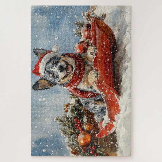 Blue Heeler Hond in Sledge Laat het Sneeuw Kerstmi Legpuzzel (Verticaal)