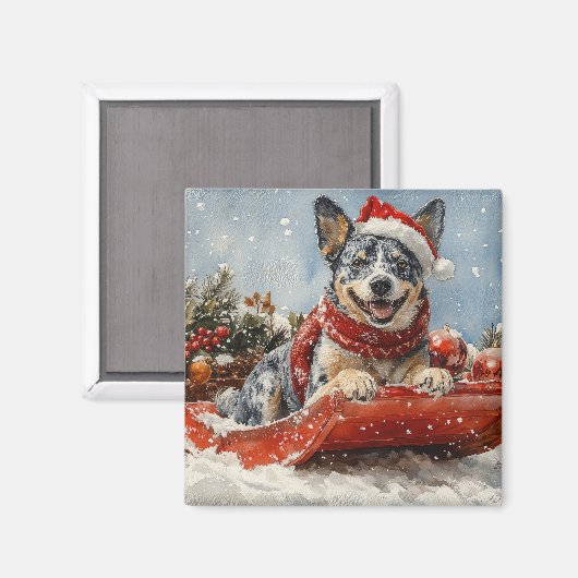 Blue Heeler Hond in Sledge Laat het Sneeuw Kerstmi Magneet (Voorkant / Achterkant)