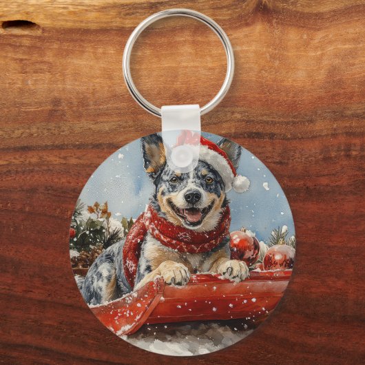 Blue Heeler Hond in Sledge Laat het Sneeuw Kerstmi Sleutelhanger (Achterkant)