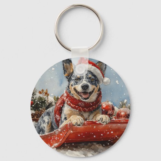 Blue Heeler Hond in Sledge Laat het Sneeuw Kerstmi Sleutelhanger (Achterkant)