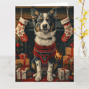 Blue Heeler-hond met kerstcadeaus open haard Kaart