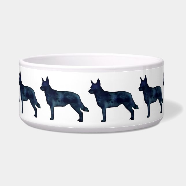 Blue Heeler Hondenras Silhouette Black Waterverf Voerbakje (Voorkant)