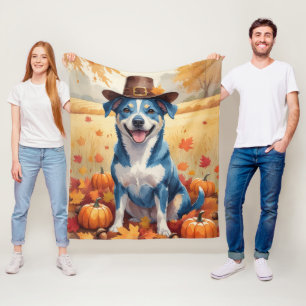 Blue Heeler in herfstbladeren Thanksgiving Kunst Fleece Deken