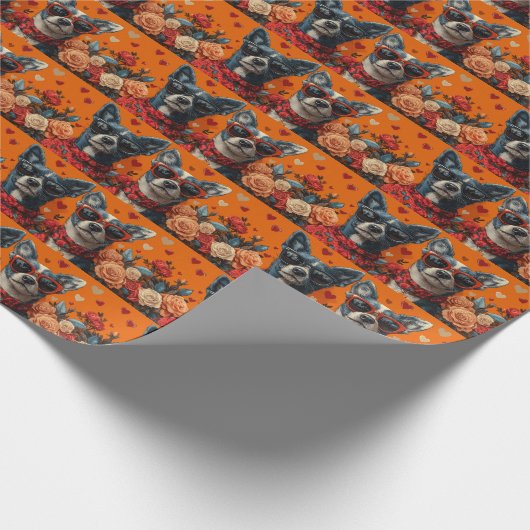 Blue Heeler met hart Rozen Valentijnsdag Cadeaupapier (Hoek)