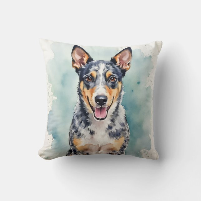 Blue Heeler Waterverf Spat Hintergrund Kunst Kussen (Voorkant)