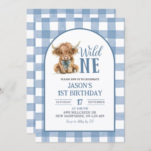 Blue Heifer Bull First Birthday Invitation (Devant / Derrière)
