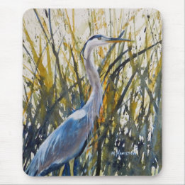 "Blue Heron in Tall Grass Waterverf" Muismat