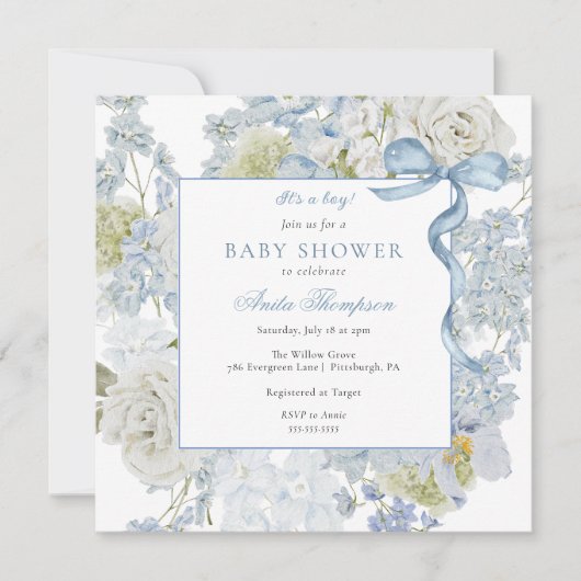 Blue Het is een Boy Floral Bow Baby shower Kaart (Voorkant)