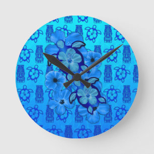 Blue Hibiscus Honu Turtles Tiki Ronde Klok
