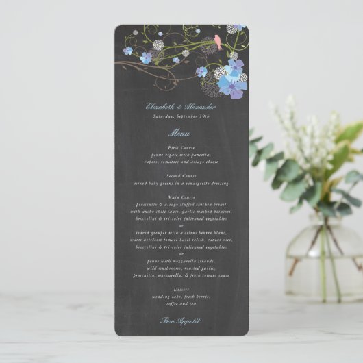 Blue Hibiscus & Swallows Floral Chalkboard Wedding Programma (Staand voorkant)