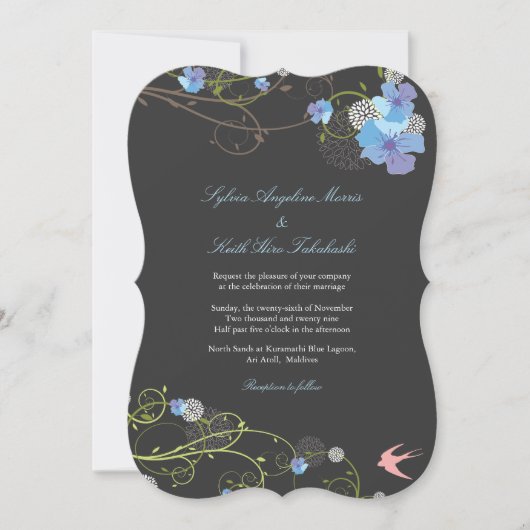 Blue Hibiscus Swirls & Swallows Floral Wedding Kaart (Voorkant)