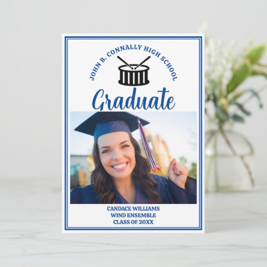 Blue High School Band Foto Afstuderen Aankondiging (Staand voorkant)