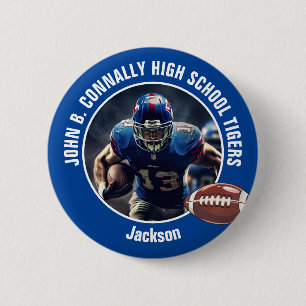 Blue High School Football Player Foto Ronde Button 5,7 Cm