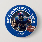 Blue High School Football Speler Foto Grote Opsche Ronde Button 7,6 Cm (Voorkant)