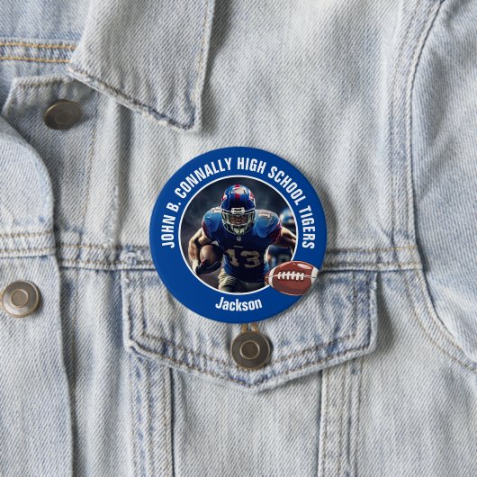 Blue High School Football Speler Foto Grote Opsche Ronde Button 7,6 Cm (In situ)