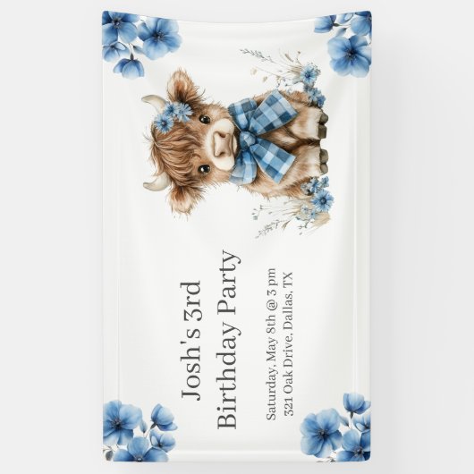 Blue Highland Koe verjaardagsfeestje Spandoek (Verticaal)