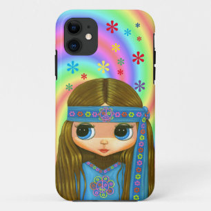 Blue Hippie Chick Flower Power Peace Sign 1960 iPhone 11 Hoesje