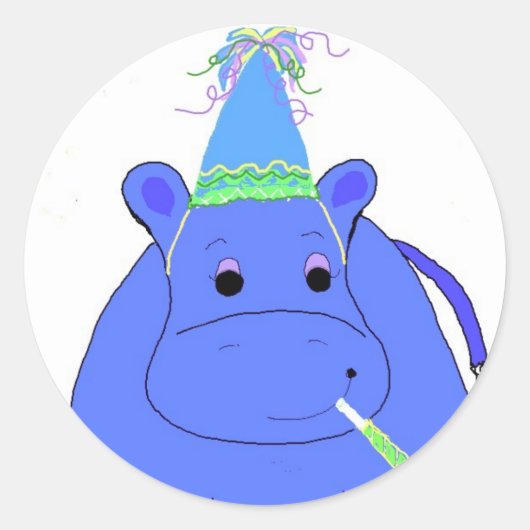 Blue Hippo Birthday Ronde Sticker (Voorkant)