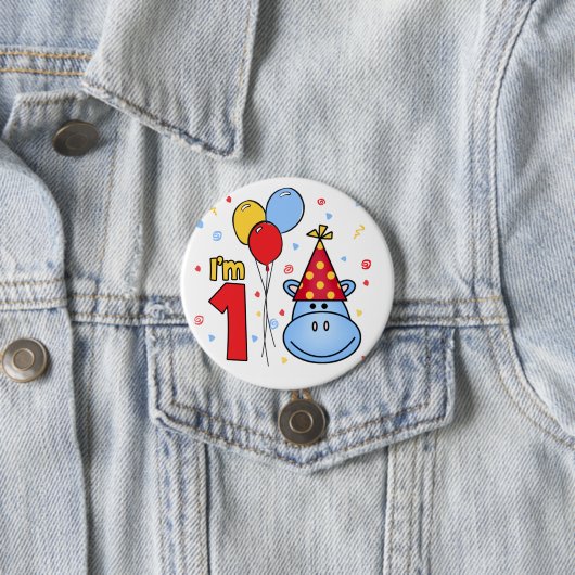 Blue Hippo Face First Birthday Pinback Button (In situ)