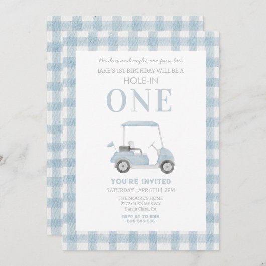 Blue Hole in One Golf Cart Invitation Anniversaire (Devant / Derrière)