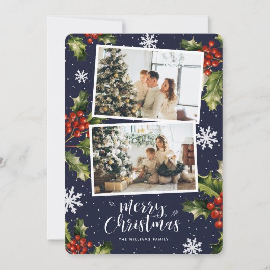 Blue Holly Berries Snowflakes Photo Carte de Noël (Devant)