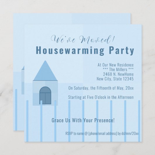 Blue Home & Fence Housewarming Uitnodiging (Voorkant / Achterkant)
