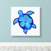 Blue Honu Turtle en Hibiscus Canvas Afdruk (Insitu (Houten vloer))