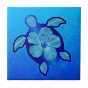 Blue Honu Turtle en Hibiscus Tegeltje