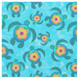 Blue Honu Zee Turtles Hibiscus Flowers Stof