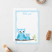 Blue Hoot Owl Flat Dank je wel Notitiekaartje (Voorkant / Achterkant in situ)