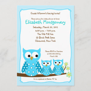 BLUE HOOT OWLS 25x7 Baby shower Uitnodiging