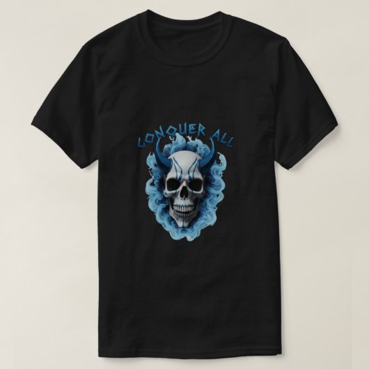 Blue Horned Skull "Conquer All" Graphic T-Shirt (Design voorkant)