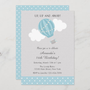 Blue Hot Air Ballon Birthday Invitation Kaart